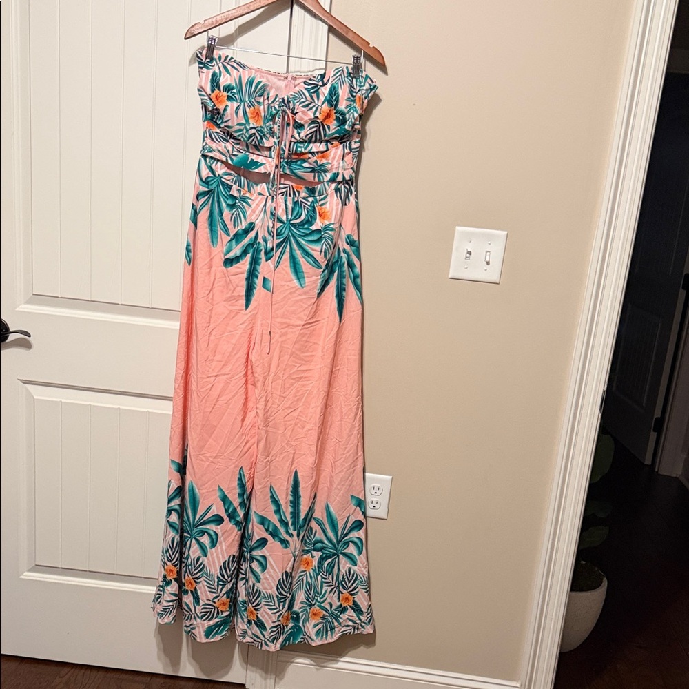 Tropical Pink Strapless Jumpsuit with Green Palm Print